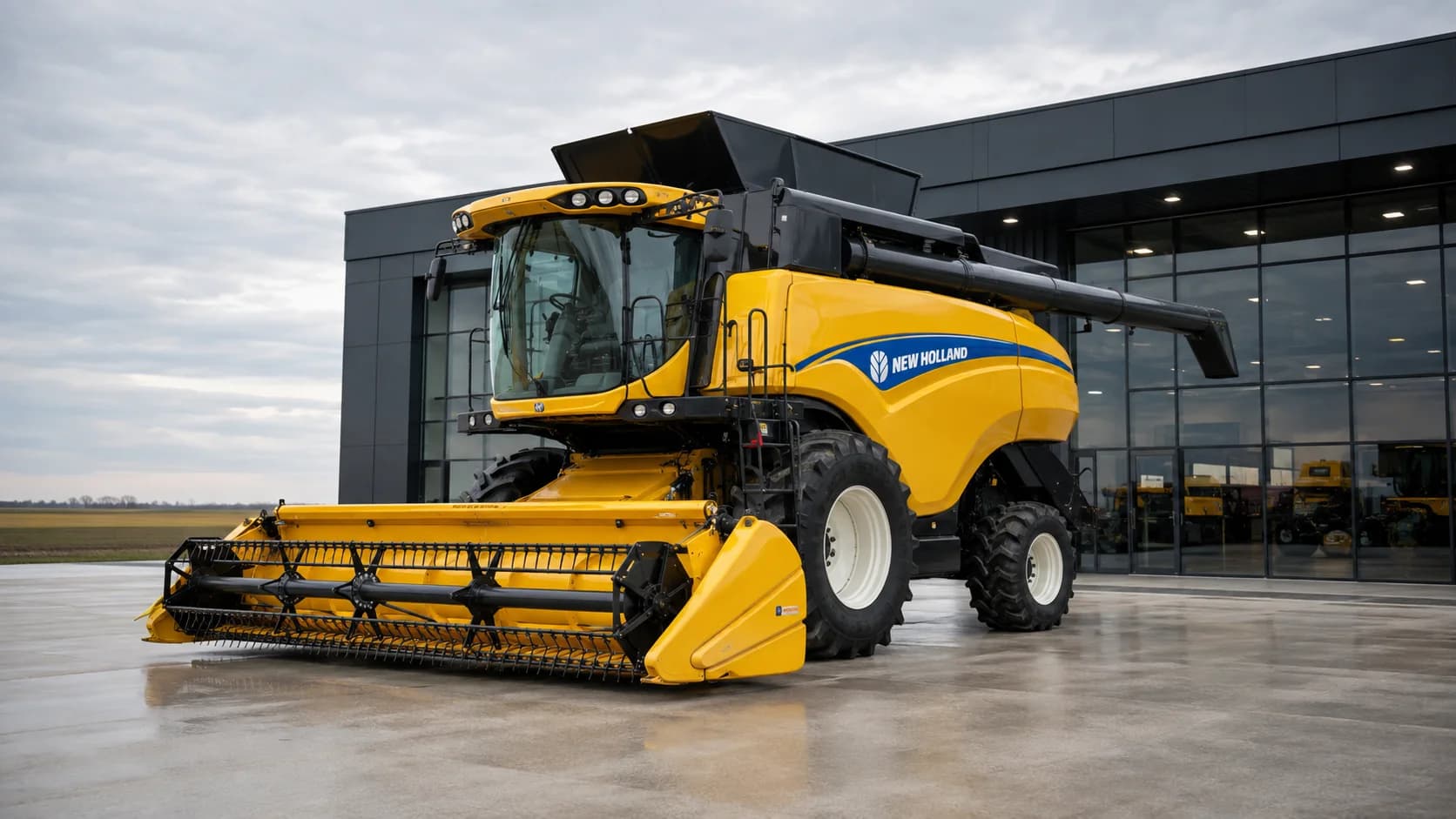 New Holland CX 6.80 biçerdöver, bayi önünde üç çeyrek önden görünüm