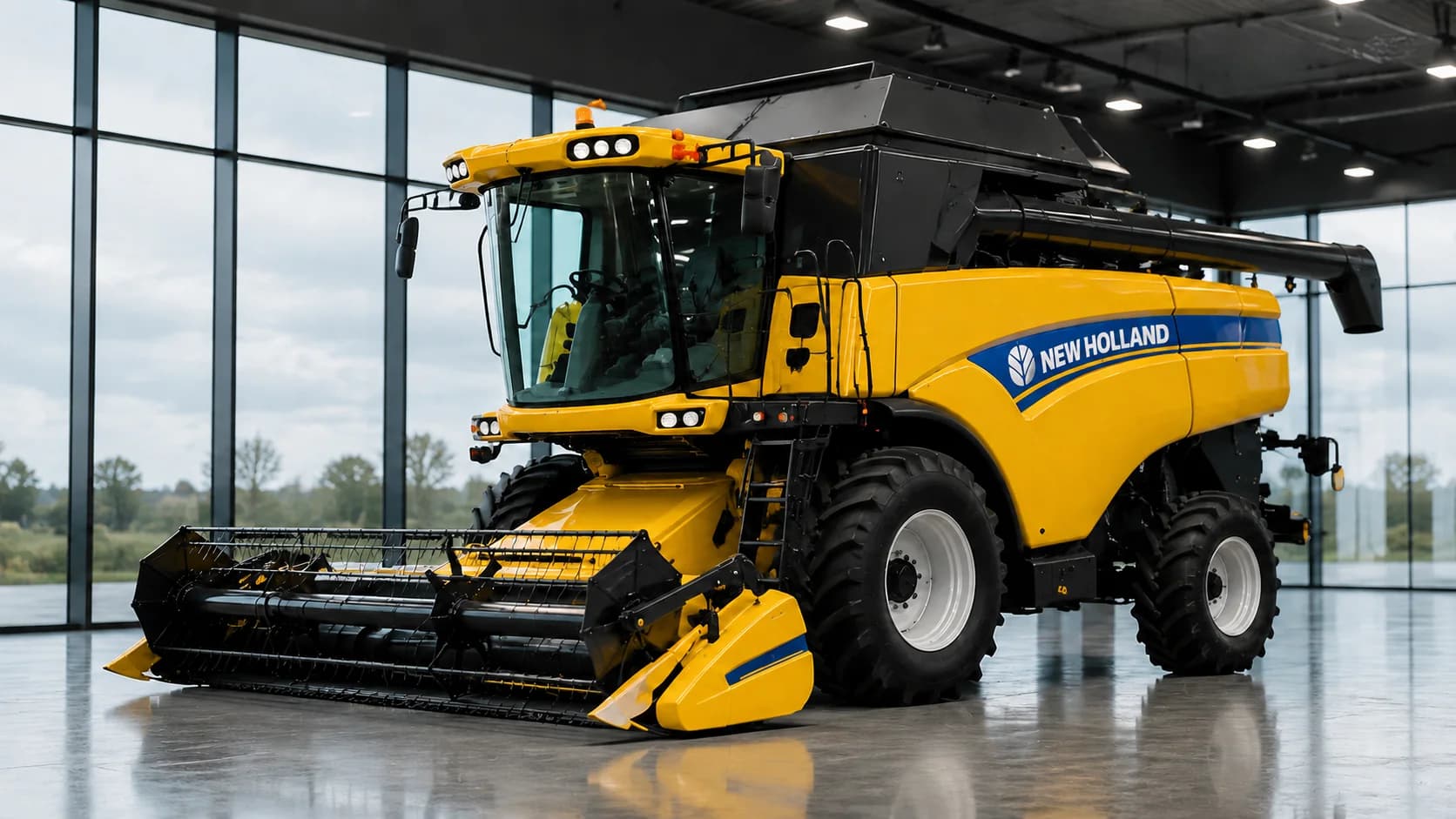 New Holland CX 8.70 biçerdöver, showroomda üç çeyrek önden görünüm