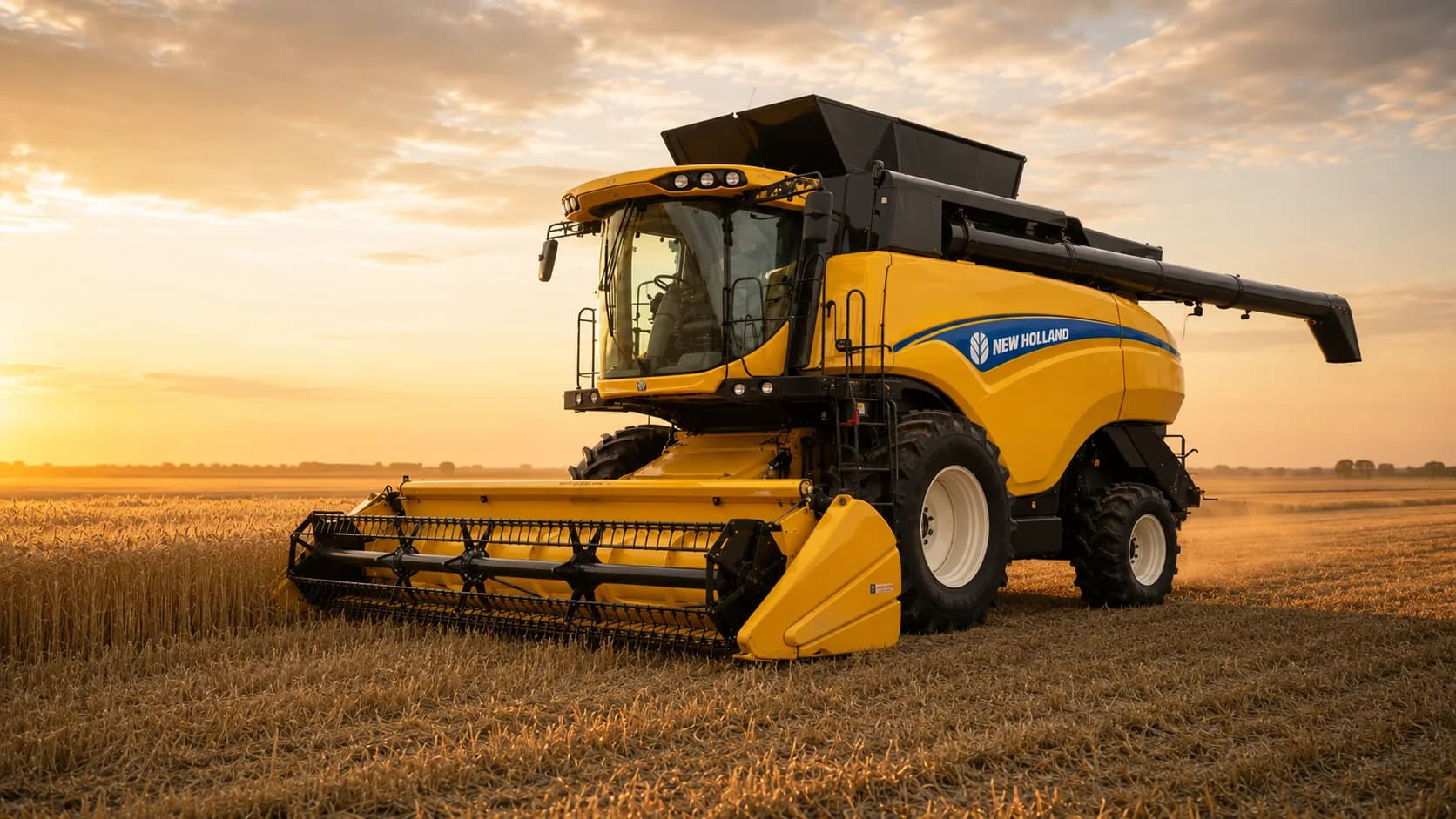 New Holland CX 5.90 biçerdöver, hasat edilmiş buğday tarlasının kenarında