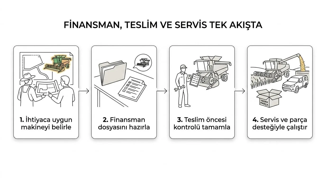 Makine seçimi, finansman dosyası, teslim öncesi kontrol ve servis desteğini dört adımda gösteren süreç şeması.